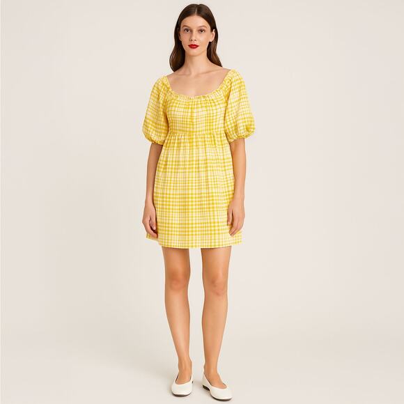 NWT Lush Puff Sleeve Sunshine Plaid Mini Dress in Yellow Sz Small - Picture 8 of 8